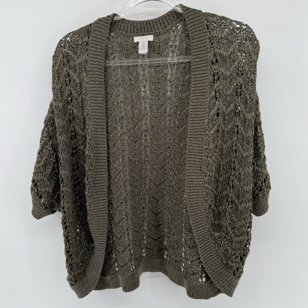 CHICOS Open Front Knit Crochet Cardigan Sweater Green Size 3 Fairy Grunge Goblin